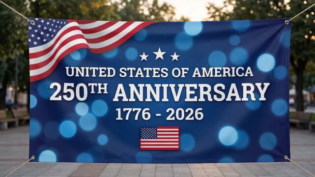 Commemorative banner celebrating United States of Americas 250th anniversary, featuring national flag and vibrant bokeh.