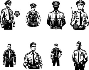 Clean bold outline vector of police officer standing alert, black white silhouette, isolated