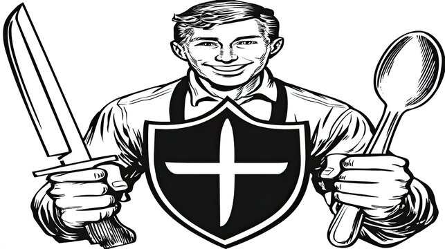 Smiling man in apron holds a large knife, a spoon, and a protective crest