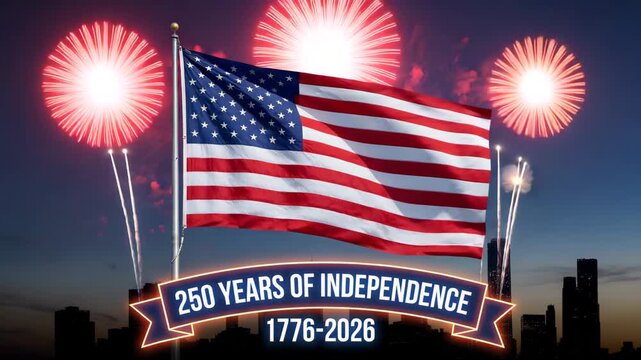 Patriotic celebration of 250 years of American independence with fireworks and city skyline, commemorating 1776-2026.