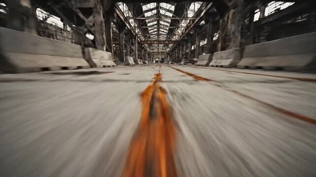 Fast moving orange object in an industrial warehouse with blurred motion.