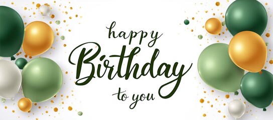 Naklejka premium Happy Birthday to You with Green, Gold, and White Balloons and Confetti on White Background