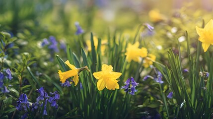 Springtime blooms vibrant yellow daffodils and bluebells grace a lush green meadow scene