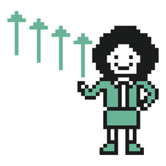 Fototapeta premium Cartoon businesswoman business office work with woman,planning,problem,research,magnifying,investigation,8 bit.