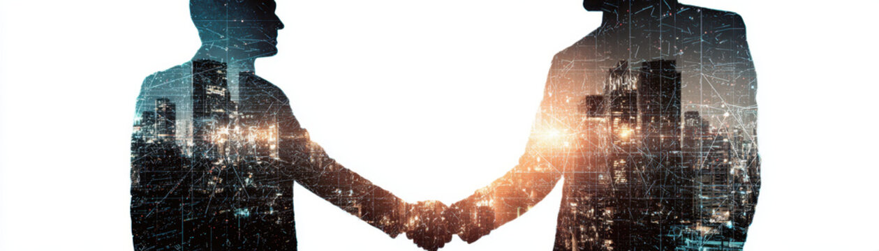 Digital literacy empowers business handshake with cityscape overlay symbolizing connection and trust in modern communication and collaboration