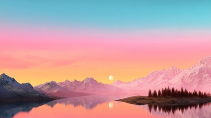 Obraz premium A serene landscape featuring mountains and a tranquil lake at sunset, with vibrant pink and orange hues reflecting in the water.