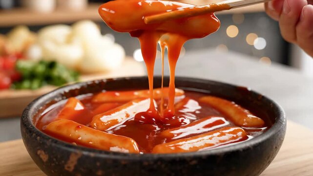 Delicious Korean Tteokbokki with Cheese being Picked Up by Chopsticks.