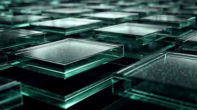 Rows of stacked transparent glass plates in a dark futuristic environment with technology background