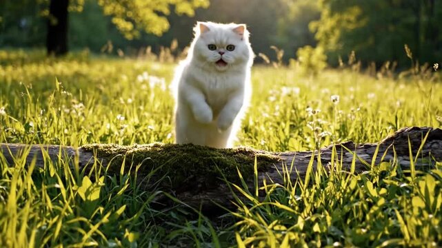 Adorable domestic feline kitten jump and run across vibrant green meadow grass in lush summer nature with energetic playfulness and rapid movement