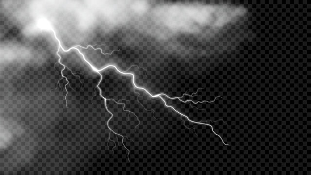 Realistic vector illustration of thunderclouds. White sky with clouds and electric lightning bolt. Bright thunderstorm pierces clouds. Thunderstorm weather with atmospheric phenomena.