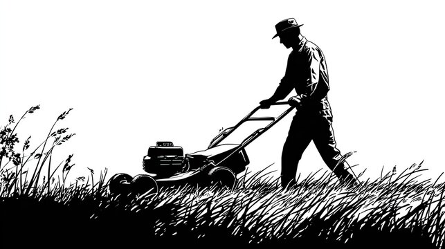 Silhouette of groundskeeper operating a power lawn mower through tall grass