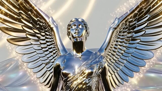 A majestic silver woman statue with angel wings ready to fly. A concept of holy spirit heaven protection and liquid metal religious art, 4K video footage clip.