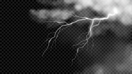 Obraz premium White realistic thunderclouds template with lightning. Vector white clouds and electric lightning bolt. Thunderstorm weather with atmospheric phenomena with thunderstorm pierces clouds.
