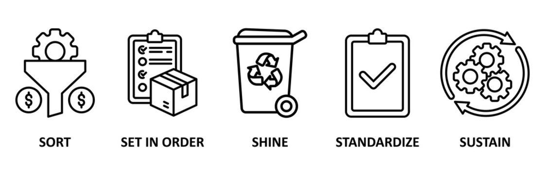 5s icon set vector illustration for lean manufacturing methodology of cleaning organization system with sort, set in order, shine, standardize, and sustain icon
