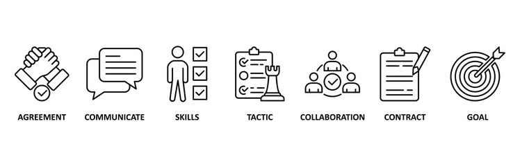 Negotiation icon set illustration contain agreement, communicate, skills, tactic, collaboration, contract and goal.