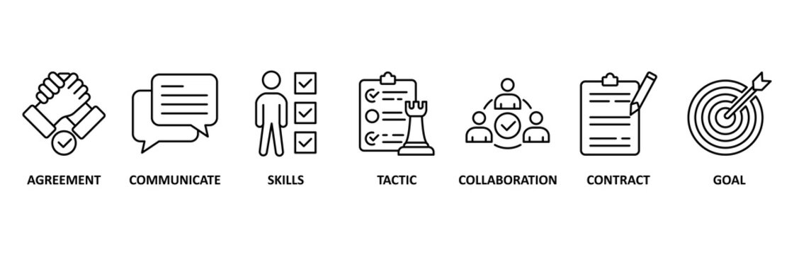 Negotiation icon set illustration contain agreement, communicate, skills, tactic, collaboration, contract and goal.