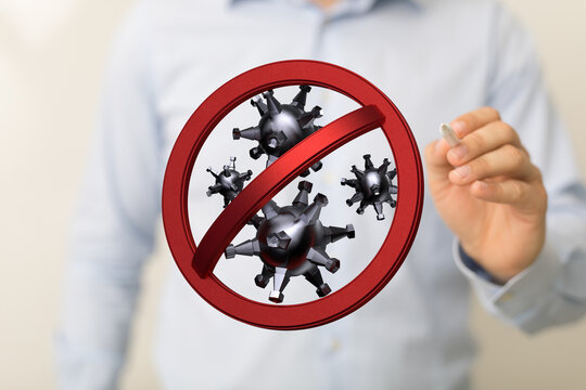 Hand pointing at red prohibition sign over virus, symbolizing stop, prevention, and healthcare. Concepts: pand