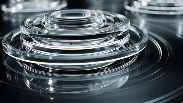 Glass plates stacked in a neat pile on a reflective surface with others nearby indoors