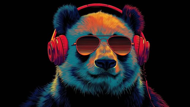 Retro Synthwave Bear with Headphones and Sunglasses
