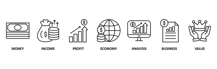 Cash flow icon set illustration contain money, income, profit, economy, analysis, business and value.