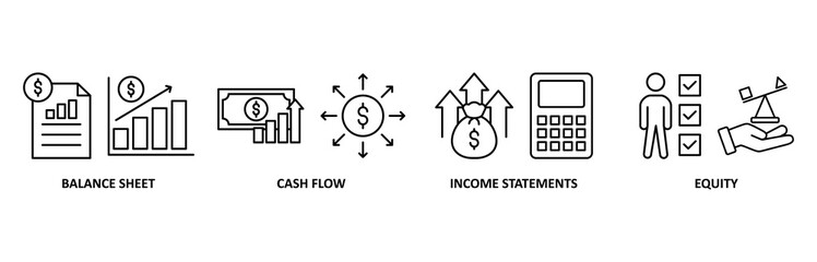 Financial statements icon set illustration contain balance sheet, cash flow, income statements and equity.