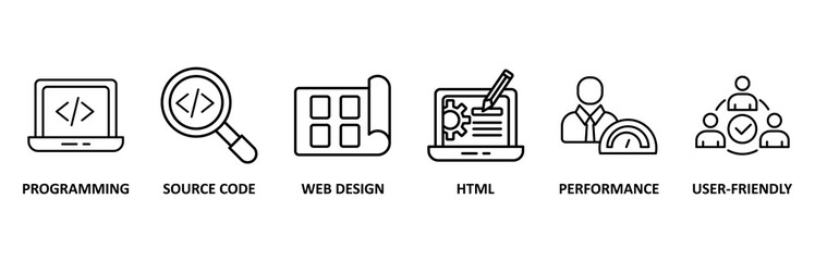 Mobile first icon set illustration contain programming, source code, web design, html, performance and user-friendly 