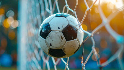 Cinematic close up of a soccer ball hitting the goal net, dramatic lighting, motion blur on the net background