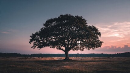 Obraz premium Solitary tree in a field at dusk