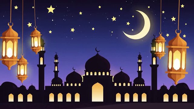 Islamic mosque with lanterns and crescent moon at night.