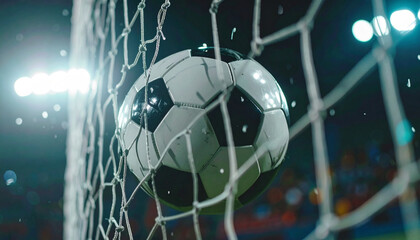 Cinematic close up of a soccer ball hitting the goal net, dramatic lighting, motion blur on the net background