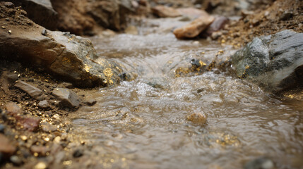 Stream of clear water flows over rocks and pebbles, revealing flecks of gold in the sandy riverbed, or themes about gold panning and prospecting, natural resources, mining and geology