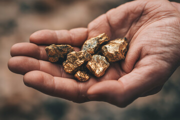 Hand holding several pieces of gold ore, showcasing the metallic luster and rough texture of the minerals against a blurred natural background, for themes about gold mining and extraction