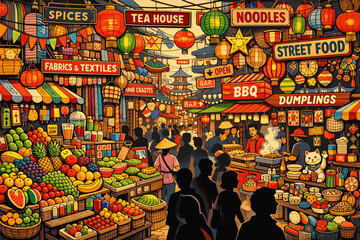 Naklejka premium Vibrant night market scene with lanterns and street food stalls in asian style