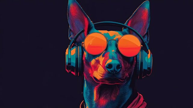 Doberman Dog Wearing Sunglasses and Headphones Neon Pop Art Portrait