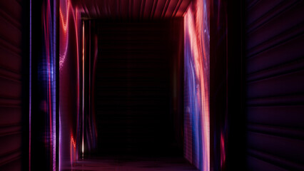 Studio space with a large display on the wall, neon lighting. 3D Illustration