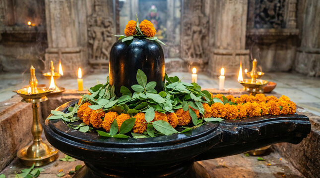 Sacred Shiva Lingam with Bilva Leaves and Marigold Offerings. Close-up of black stone Shiva lingam adorned with fresh bilva leaves and orange marigolds, warm candlelight glow, temple setting