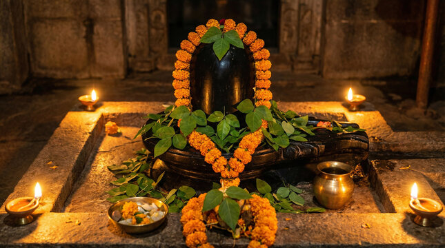Sacred Shiva Lingam with Bilva Leaves and Marigold Offerings. Close-up of black stone Shiva lingam adorned with fresh bilva leaves and orange marigolds, warm candlelight glow, temple setting