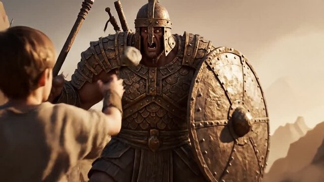 Epic Biblical Scene of Young Shepherd David Facing Giant Warrior Goliath in Valley of Elah Illustration Depicting Courage Faith Ancient Combat Mythological Battle Narrative Artistic Masterpiece