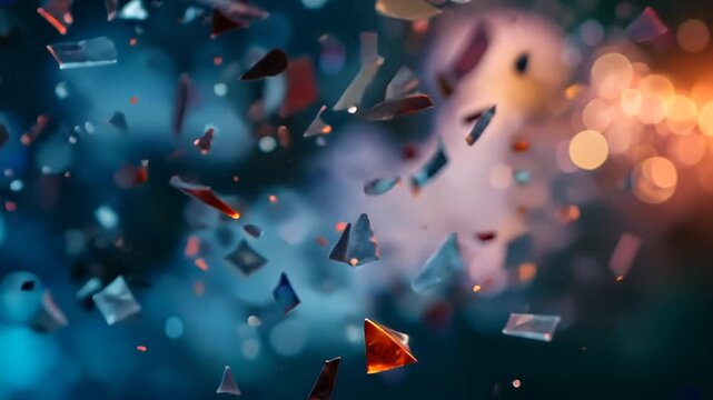 Shattered glass fragments explode in colorful motion against dark background.