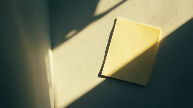 Video A bright yellow Post-it note stuck on a plain white wall, great for office or home use