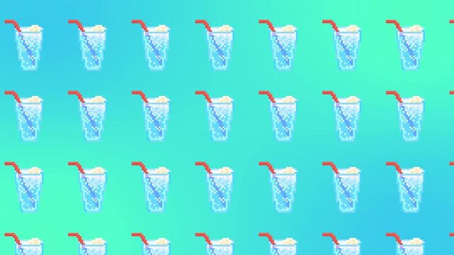  Pixel Art Blue Soda Ramune Seamless Background Loop - Retro Gaming Beverage Pattern with Cyan Gradient