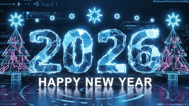 A futuristic New Year's celebration with glowing blue numbers and trees, surrounded by snowflakes and circuitry in a dark environment from a straight-on viewpoint