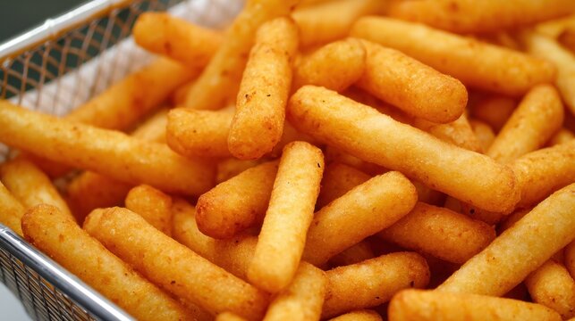 Basket of crispy orange sticks, fried snack bites piled high, warm, seasoned with subtle spices. on tray, now