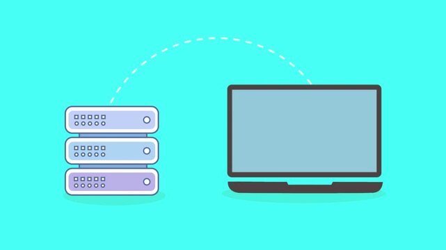 Minimal flat animation of server racks sending data to a laptop with dotted arc, representing cloud computing, database access, and network communication.

