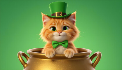 Orange tabby cat with a green leprechaun hat and bow tie sits in a gold pot, set against a vibrant green background for Saint Patrick's Day