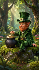 Leprechaun in a green outfit sits on a rock next to a pot filled with gold coins, surrounded by vibrant flowers in a sunlit forest. Stories template phone background