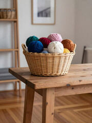 Woven basket containing various colored yarn balls sits on a wooden table in a bright, minimalist room with shelves and framed artwork visible