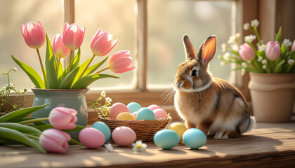 Brown rabbit sits next to pastel-colored eggs and pink tulips on a wooden table in a bright room with sunlight streaming through the window