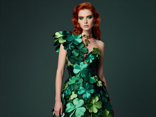 Model displays a unique green dress decorated with shamrock leaves, set against a dark backdrop, emphasizing the festive theme of Saint Patrick's Day