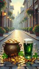 Pot filled with gold coins and a green beer mug placed on a cobblestone street, surrounded by shamrocks and flowers, evoking Saint Patrick's Day spirit. Stories template phone background